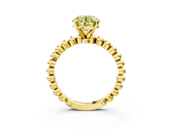 Yellow gold Fancy Yellow Round Cut Diamond Solitaire Ring with Beaded Band and Prong Setting