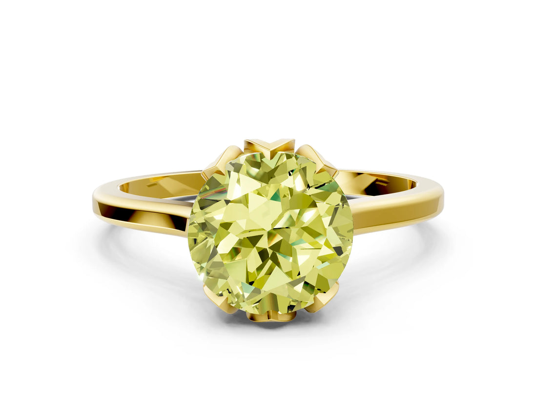 Yellow gold Fancy Yellow Round Cut Diamond Solitaire Ring with Flower Prong Setting and Classic Band_36