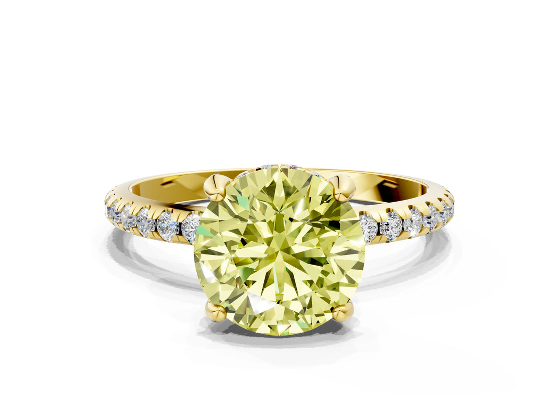 Yellow gold Fancy Yellow Round Cut Diamond Solitaire Ring with Four-Prong Setting and Pavé Band_3