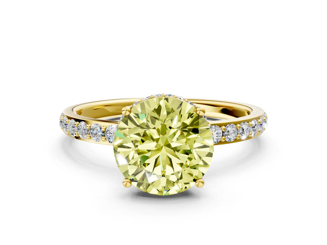 Yellow gold Fancy Yellow Round Cut Diamond Solitaire Ring with Pavé Band and Hidden Halo_21