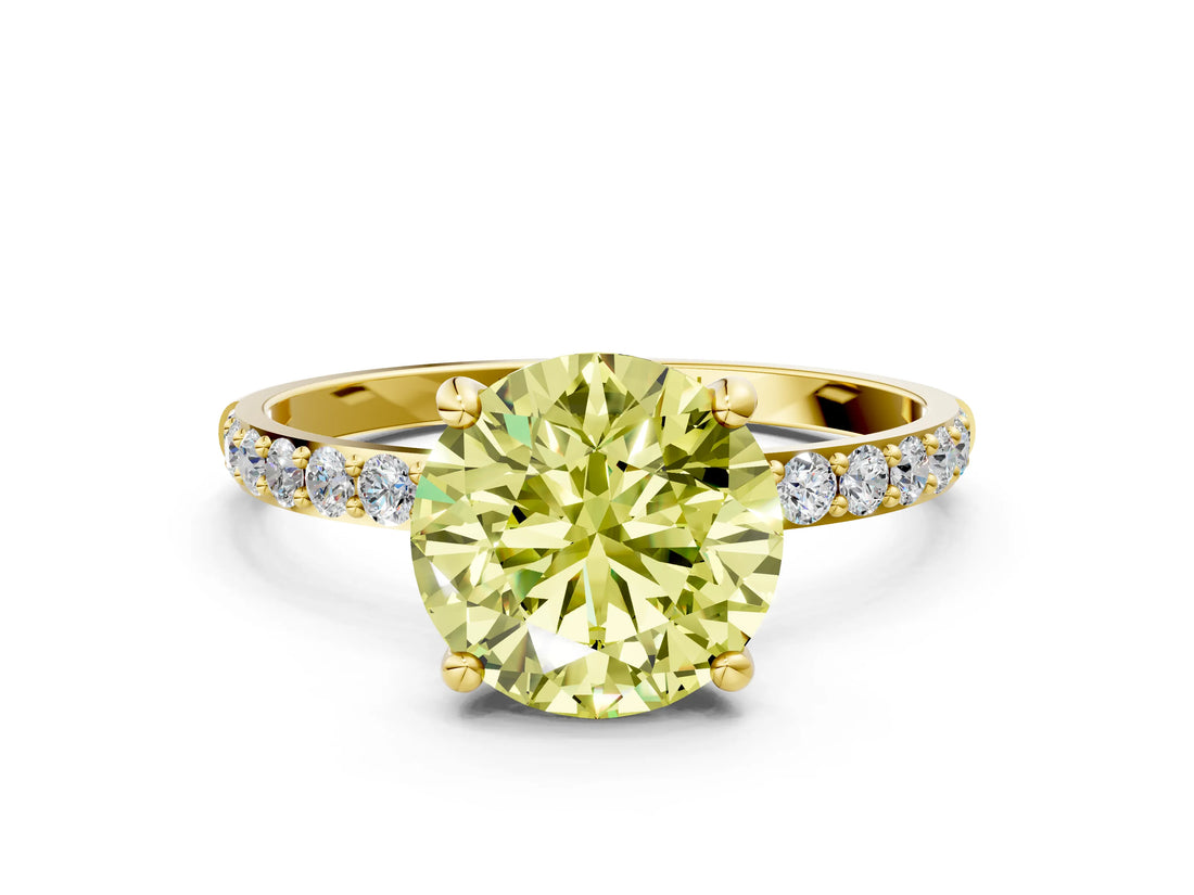 Yellow gold Fancy Yellow Round Cut Diamond Solitaire Ring with Pave Band and Four Prong Setting_22
