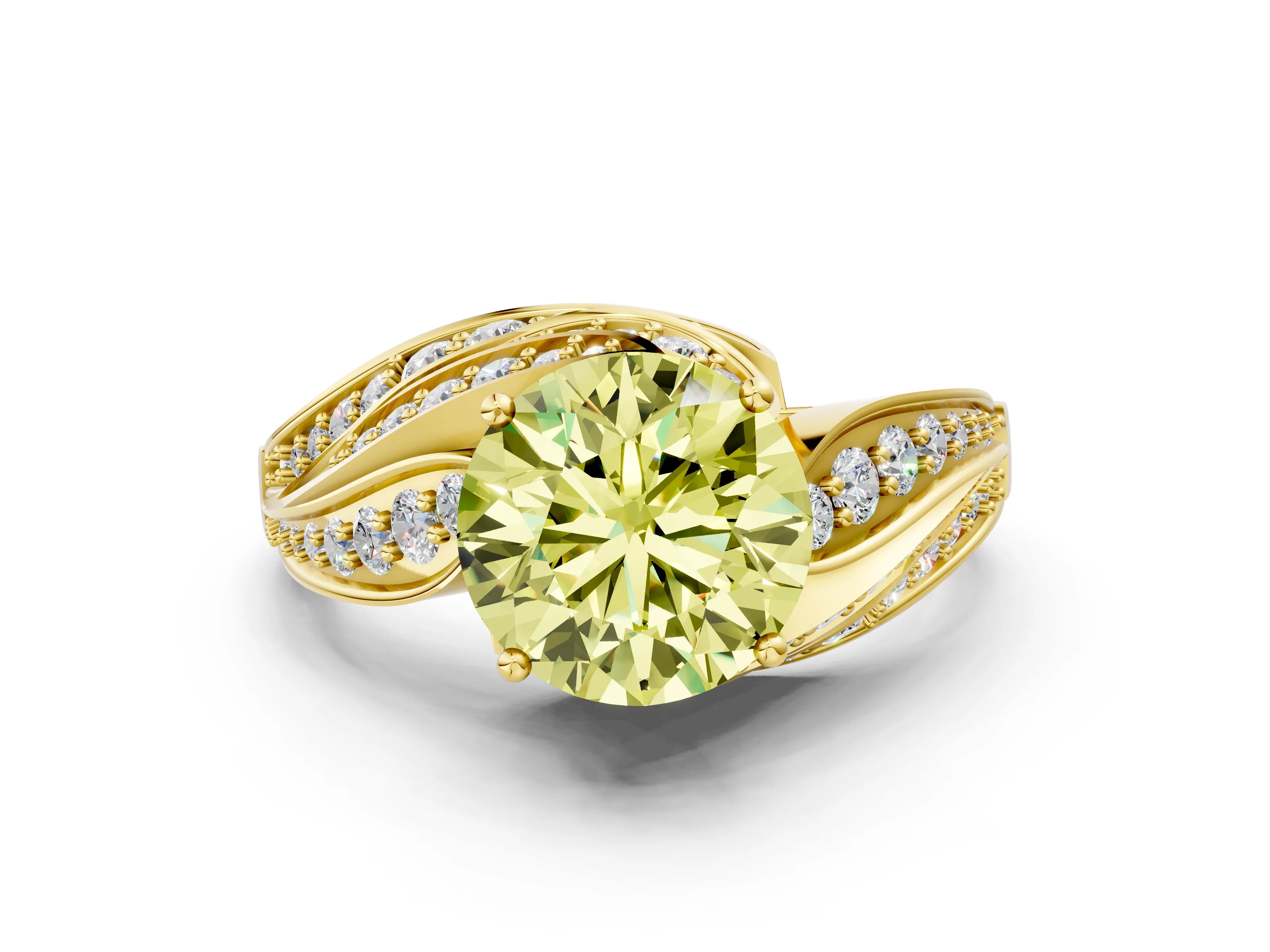 Yellow gold Fancy Yellow Round Cut Diamond Solitaire Ring with Prong Setting and Twisted Pavé Band