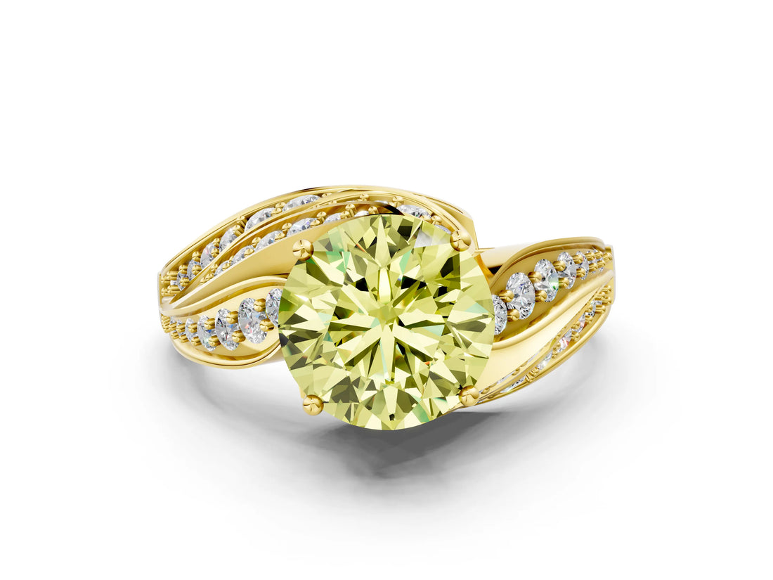 Yellow gold Fancy Yellow Round Cut Diamond Solitaire Ring with Prong Setting and Twisted Pavé Band