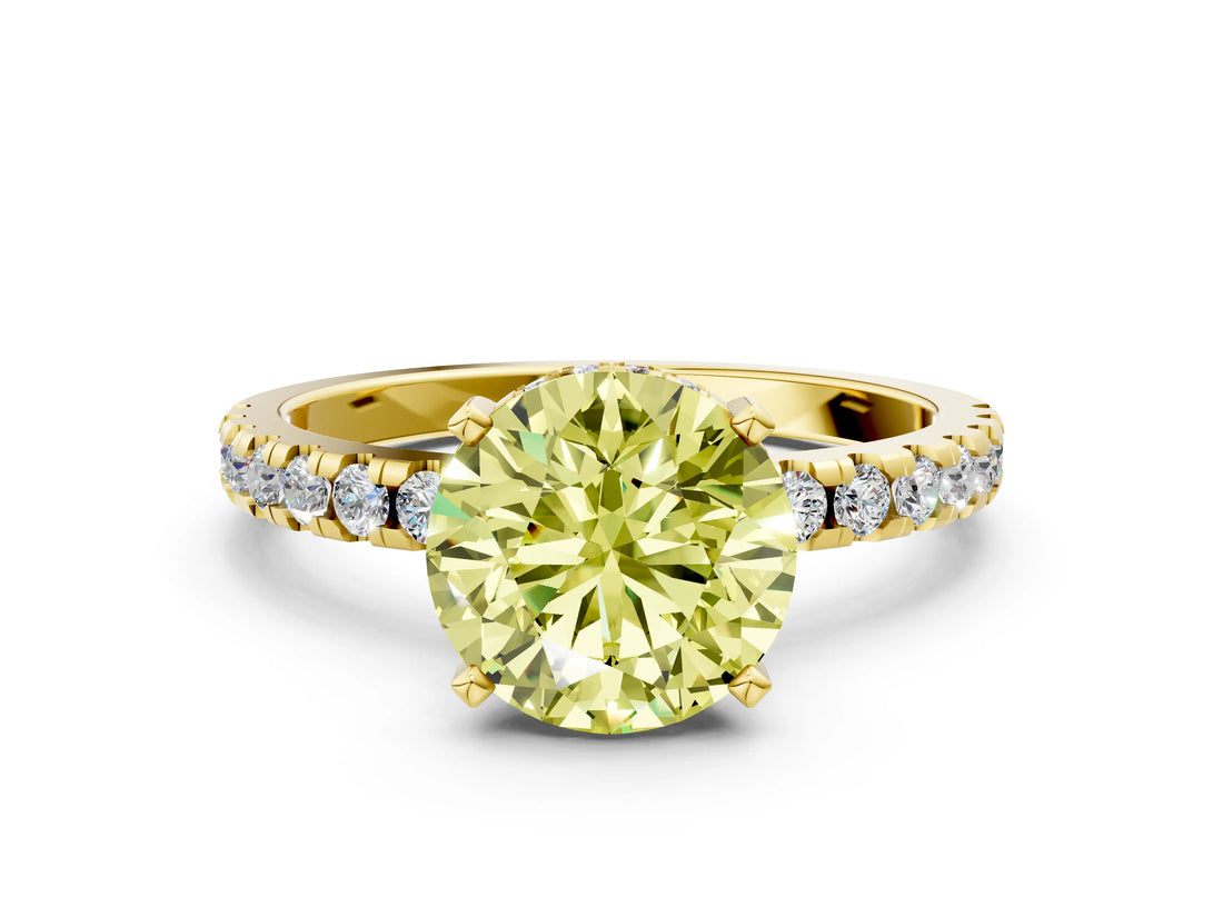 Yellow gold Fancy Yellow Round Cut Diamond Solitaire Ring with Round  Pavé Band and Four-Prong Setting_36
