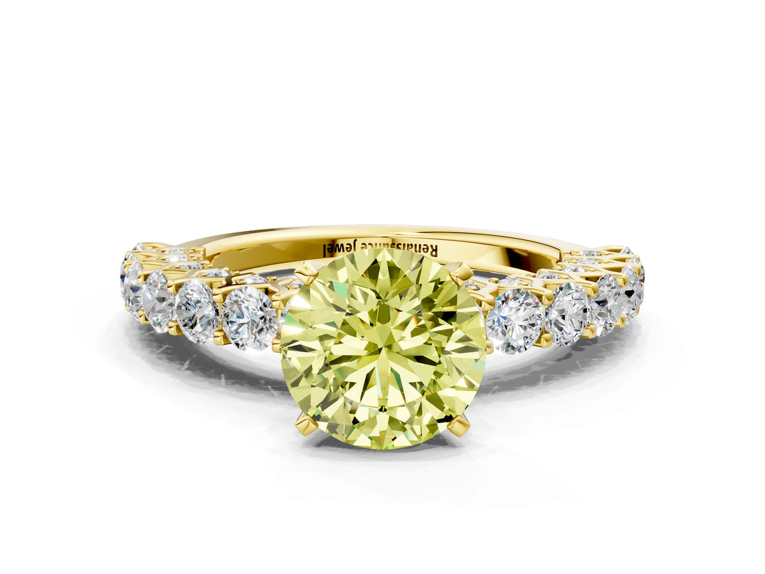 Yellow gold Fancy Yellow Round Cut Diamond Solitaire Ring with Shared Prong Pavé Band and Four-Prong Setting_34