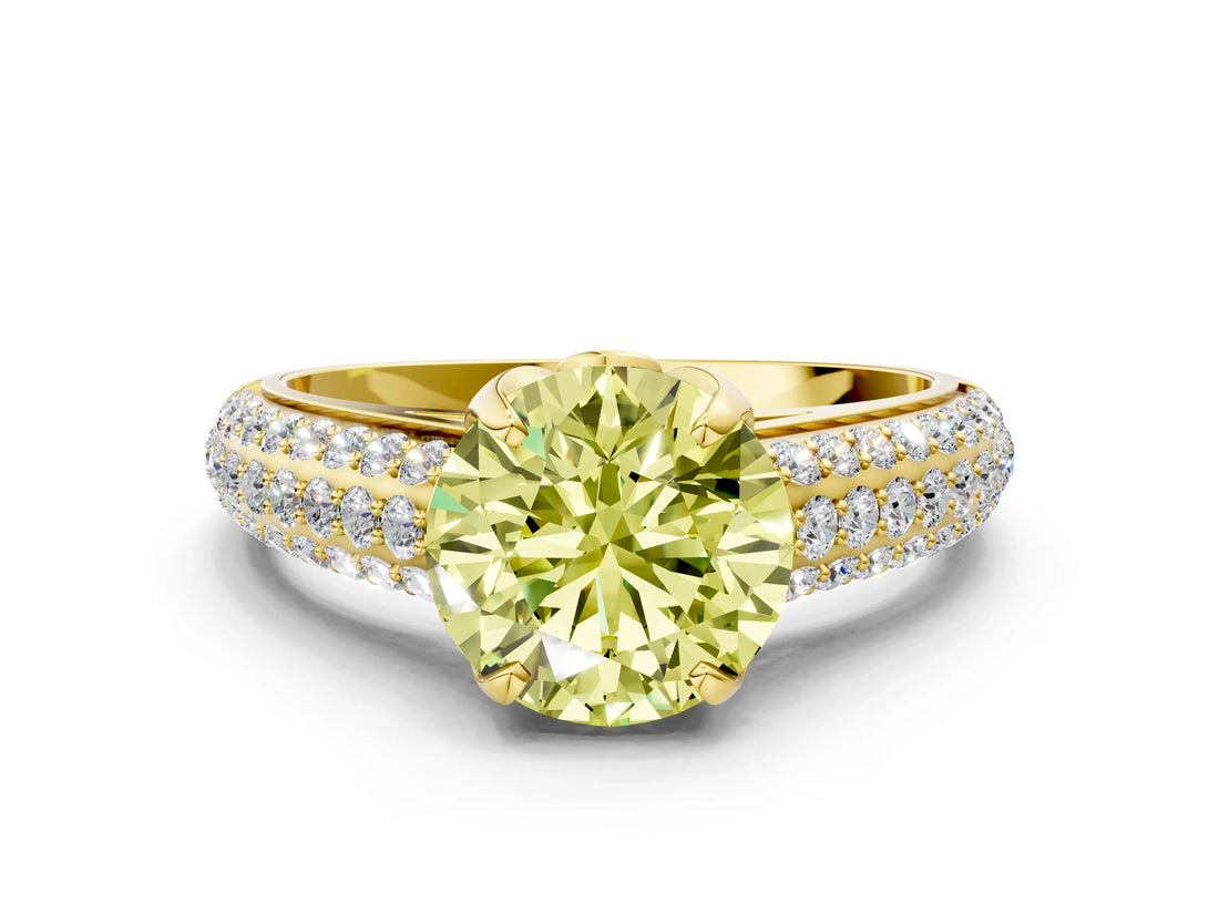 Yellow gold Fancy Yellow Round Cut Diamond Solitaire Ring with Three-Row Pavé Band and Four-Prong Setting_17