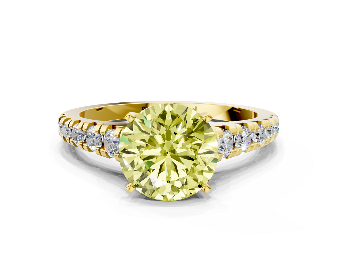Yellow gold Fancy Yellow Round  Cut Diamond Solitaire with Pave Band and Four-Prong Setting