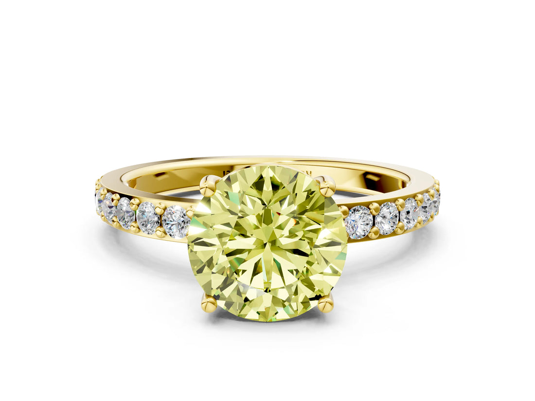 Yellow gold Fancy Yellow Round  Cut Diamond Solitaire with Pave Band and Four-Prong Setting