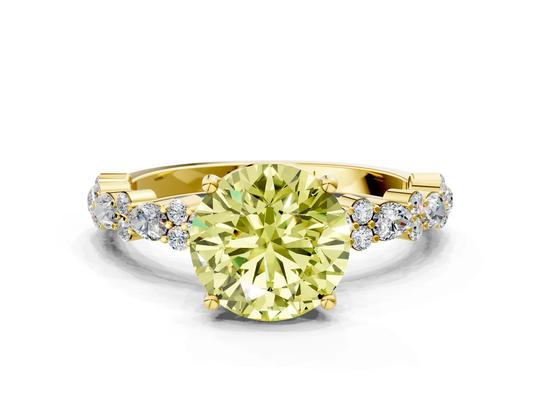 Yellow gold Fancy Yellow Round Cut Diamond Solitaire with Side Stones, Pave Band, Four-Prong Setting_41