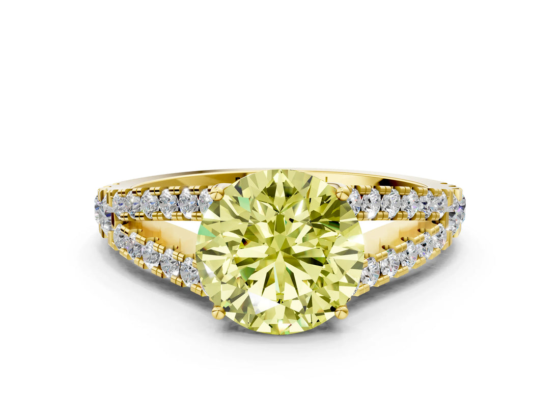 Yellow gold Fancy Yellow Round Cut Diamond Split Shank Pavé Engagement Ring with Four-Prong Setting_18