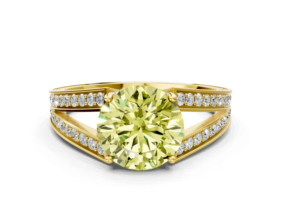 Yellow gold Fancy Yellow Round Cut Diamond Split Shank Ring with Pavé Band and Four-Prong Setting_17