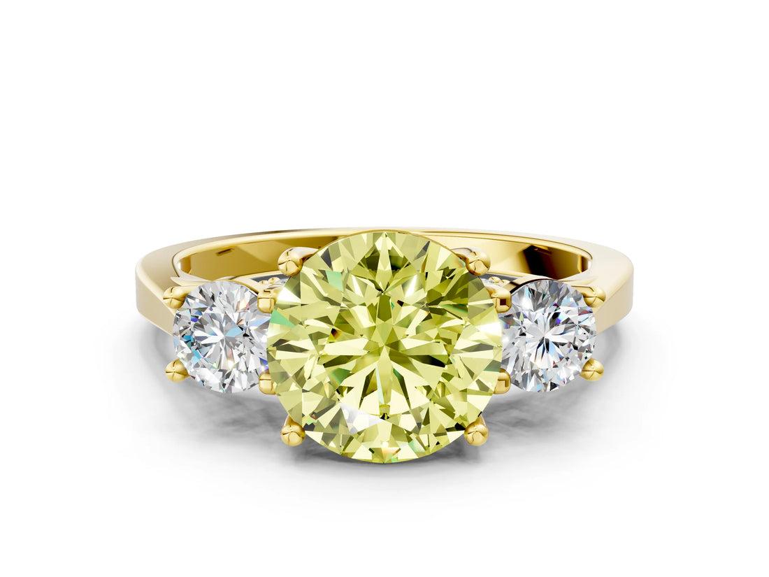 Yellow gold Fancy Yellow Round Cut Diamond Three-Stone Engagement Ring with Prong Setting and Pavé Band