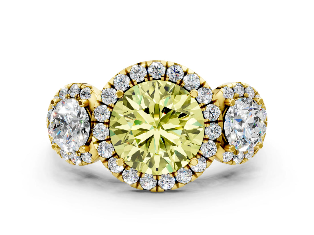 Yellow gold Fancy Yellow Round Cut Diamond Three-Stone Halo Ring with Prong Setting and Pavé Accents