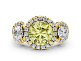 Yellow gold Fancy Yellow Round Cut Diamond Three-Stone Halo Ring with Prong Setting and Pavé Accents