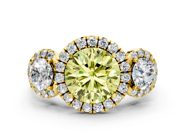 Yellow Gold Round Three Stone Halo Engagement Ring Setting for Fancy Yellow Center