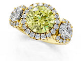 Yellow gold Fancy Yellow Round Cut Diamond Three-Stone Halo Ring with Prong Setting and Pavé Accents_1