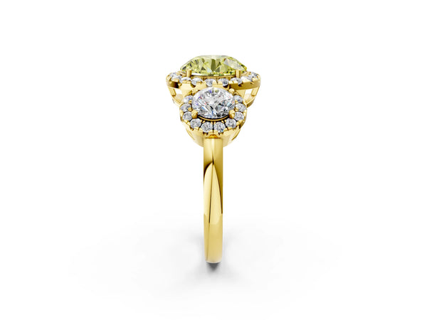 Yellow Gold Round Three Stone Halo Engagement Ring Setting for Fancy Yellow Center