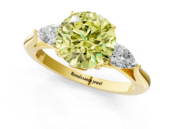 Yellow Gold Round Three Stone Pear Side Engagement Ring Setting for Fancy Yellow Center