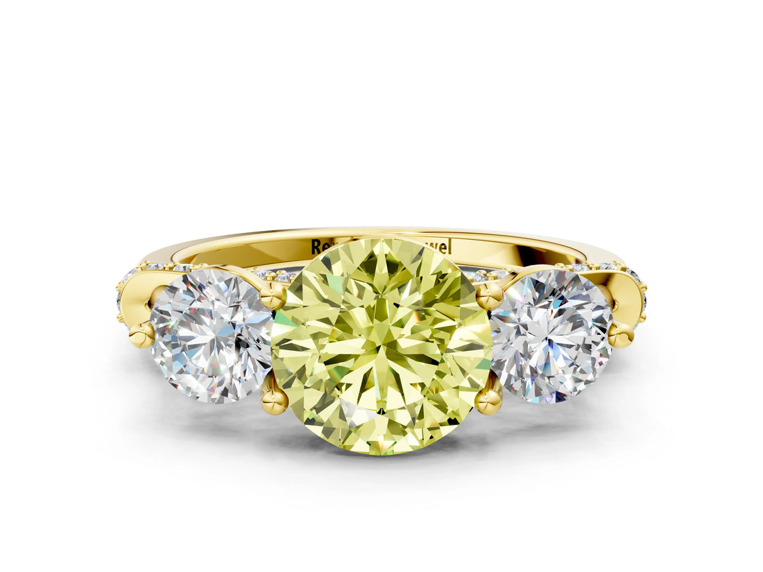 Yellow gold Fancy Yellow Round Cut Diamond Three-Stone Ring with Prong Setting and Pavé Band