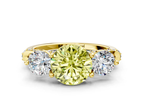 Yellow Gold Round Curved Pave Three Stone Engagement Ring Setting for Fancy Yellow Center