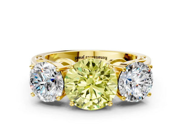 Yellow gold Fancy Yellow Round Cut Diamond Three-Stone Ring with Prong Setting and Textured Band