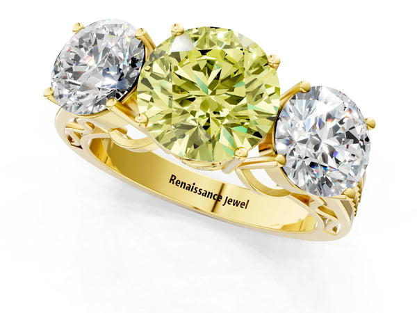 Yellow gold Fancy Yellow Round Cut Diamond Three-Stone Ring with Prong Setting and Textured Band