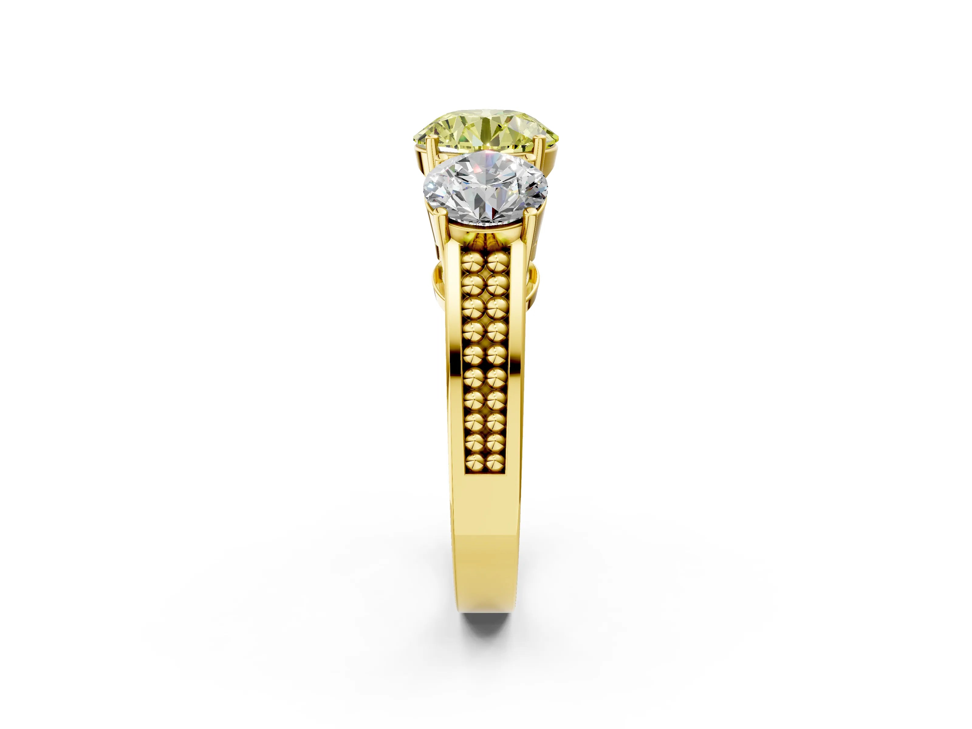 Yellow gold Fancy Yellow Round Cut Diamond Three-Stone Ring with Prong Setting and Textured Band_2