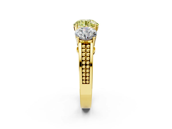 Yellow gold Fancy Yellow Round Cut Diamond Three-Stone Ring with Prong Setting and Textured Band
