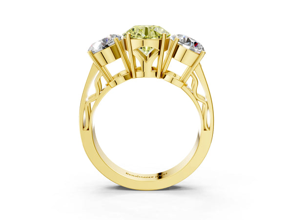 Yellow gold Fancy Yellow Round Cut Diamond Three-Stone Ring with Prong Setting and Textured Band