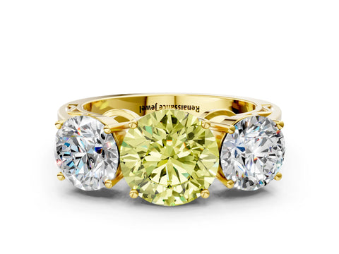 Yellow gold Fancy Yellow Round Cut Diamond Three-Stone Ring with Prong Setting and Textured Band