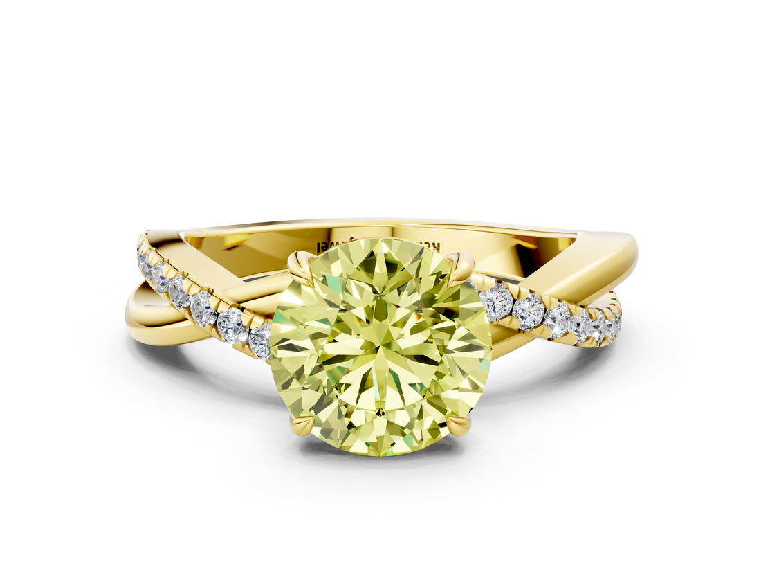 Yellow gold Fancy Yellow Round  Cut Diamond Twisted Band with Pavé Setting and Four-Prong Setting