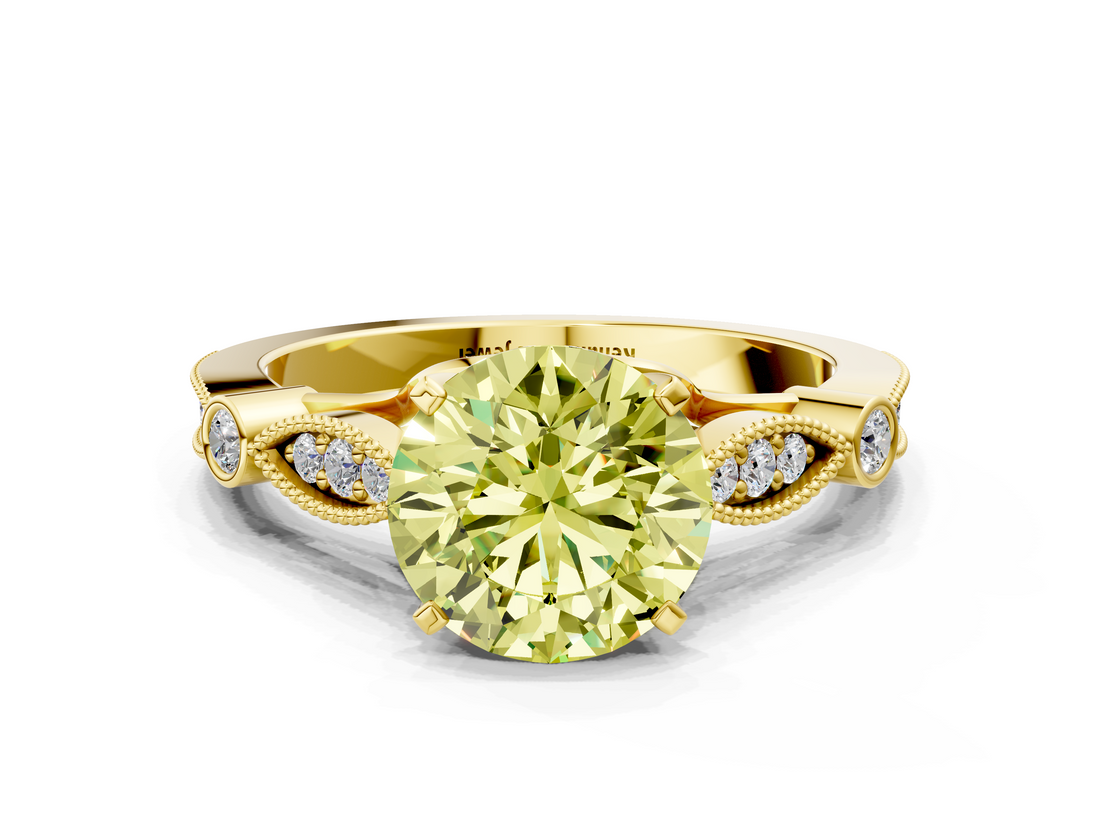 Yellow gold Fancy Yellow Round  Cut Diamond with Milgrain Marquise and Bezel Accents on a Solitaire Band with Prong Setting