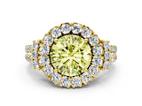 Yellow gold Fancy Yellow Round  Cut Double Halo Diamond Engagement Ring with Pave Band and Four-Prong Setting
