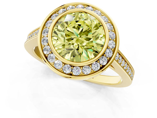 Yellow gold Fancy Yellow Round Cut Halo Bezel Diamond Pave Band Ring