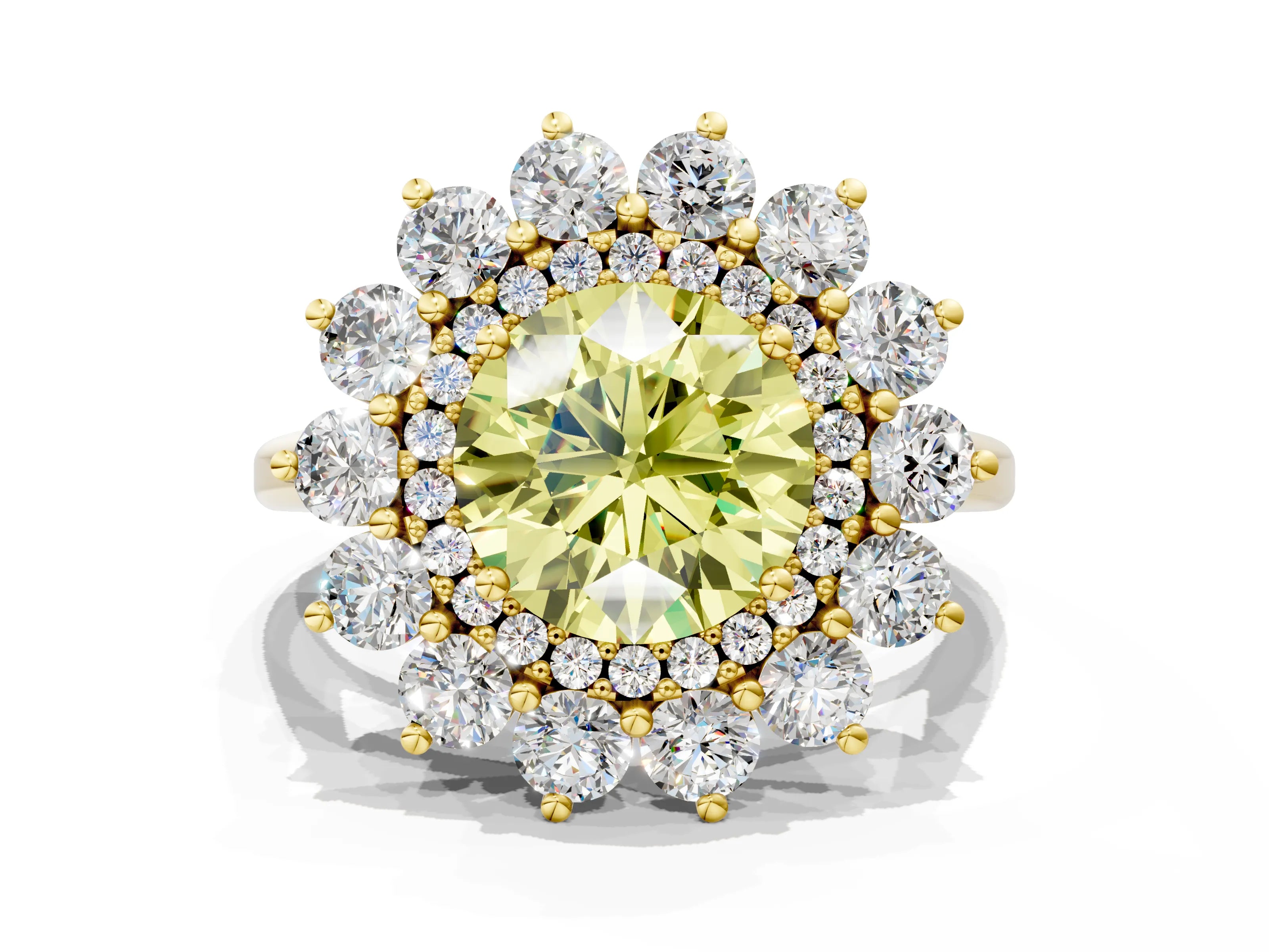 Yellow gold Fancy Yellow Round Cut Halo Cluster Diamond Ring with Pave Band and Four-Prong Setting