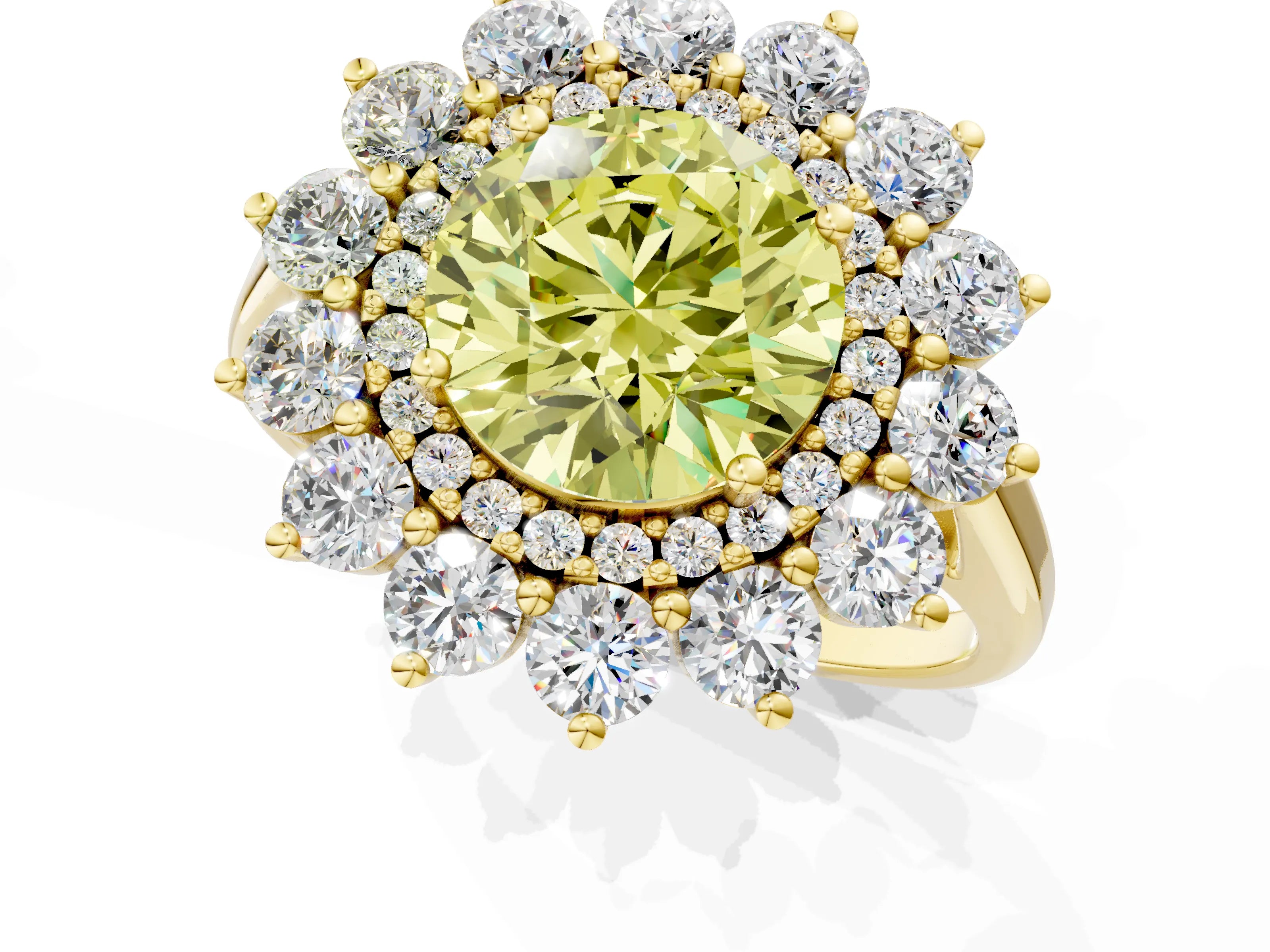 Yellow gold Fancy Yellow Round Cut Halo Cluster Diamond Ring with Pave Band and Four-Prong Setting_1