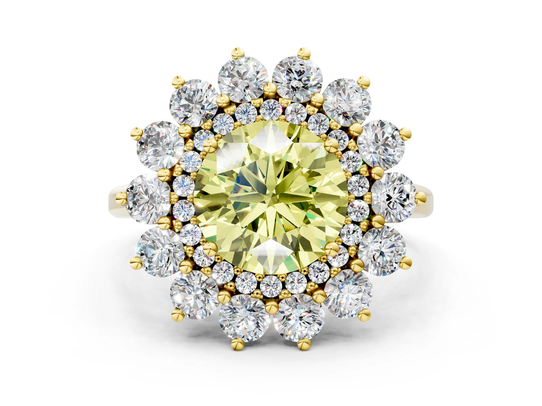 Yellow gold Fancy Yellow Round Cut Halo Cluster Diamond Ring with Pave Band and Four-Prong Setting_12