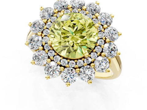Yellow gold Fancy Yellow Round Cut Halo Cluster Diamond Ring with Pave Band and Four-Prong Setting_13