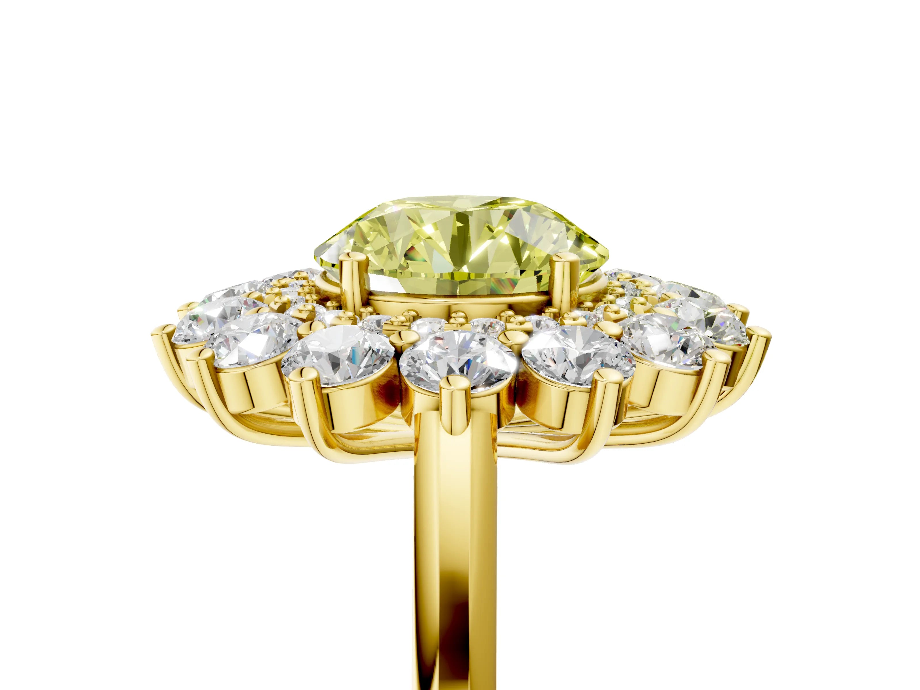 Yellow gold Fancy Yellow Round Cut Halo Cluster Diamond Ring with Pave Band and Four-Prong Setting_17