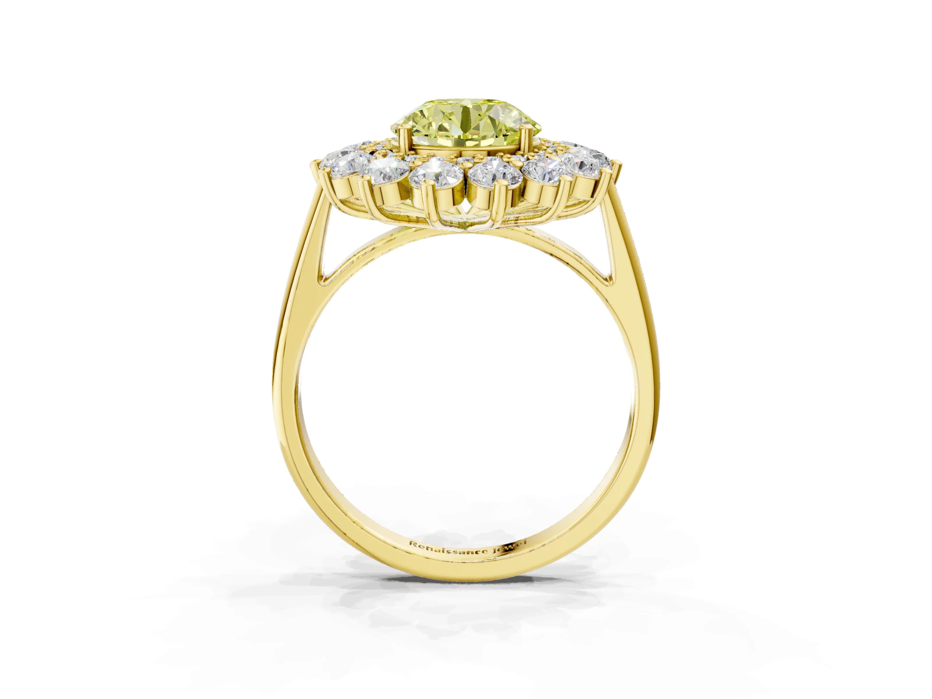 Yellow gold Fancy Yellow Round Cut Halo Cluster Diamond Ring with Pave Band and Four-Prong Setting_3