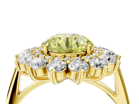 Yellow gold Fancy Yellow Round Cut Halo Cluster Diamond Ring with Pave Band and Four-Prong Setting_4