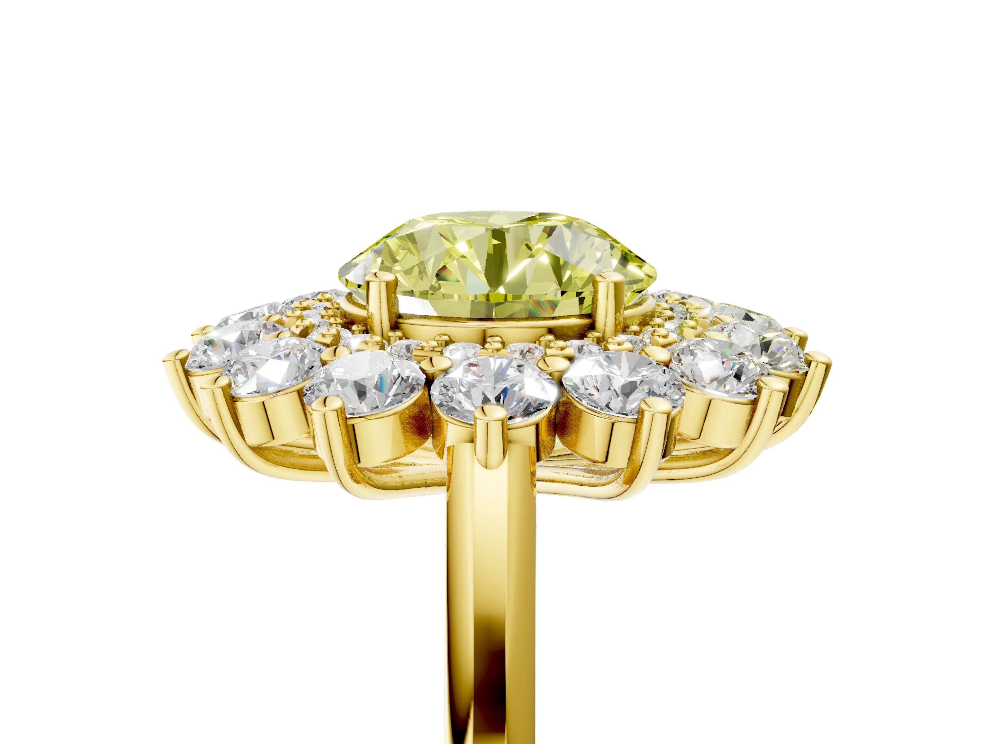 Yellow gold Fancy Yellow Round Cut Halo Cluster Diamond Ring with Pave Band and Four-Prong Setting_5