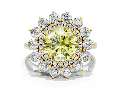Yellow gold Fancy Yellow Round Cut Halo Cluster Diamond Ring with Pave Band and Four-Prong Setting