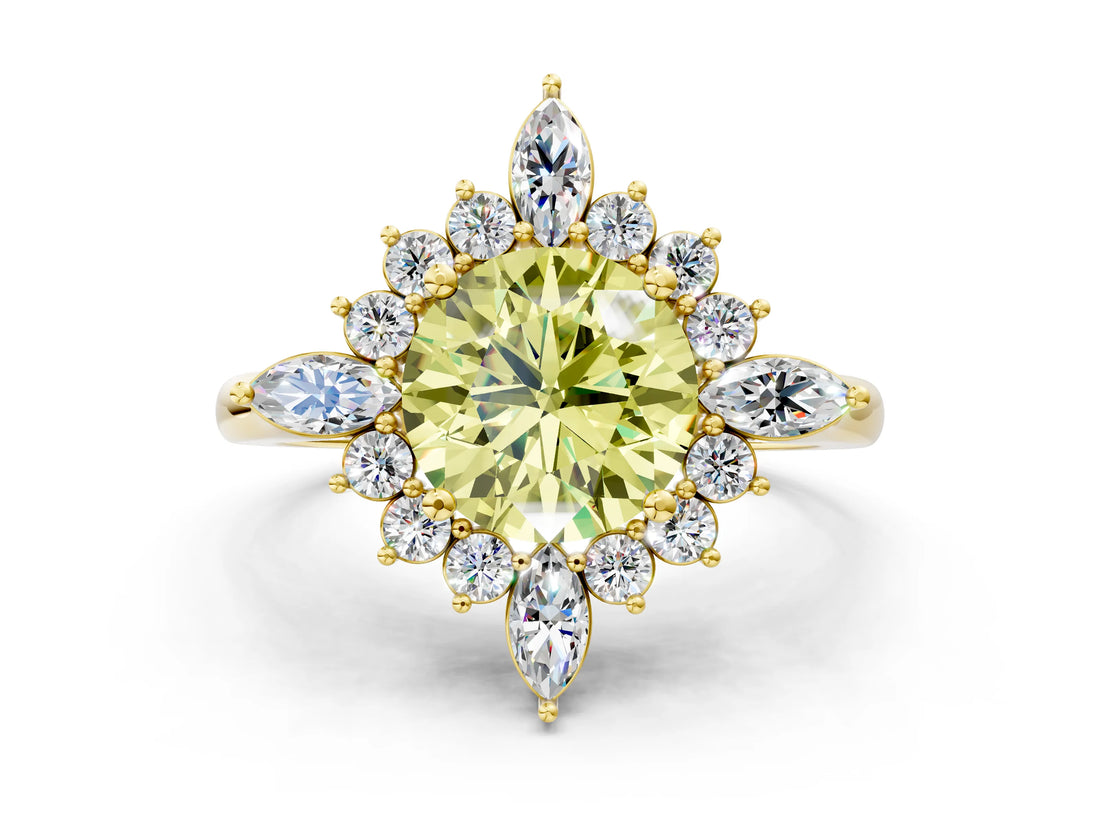 Yellow gold Fancy Yellow Round Cut Halo Diamond Cluster Ring with Marquise and Round Stones on a White Gold Band with Prong Setting