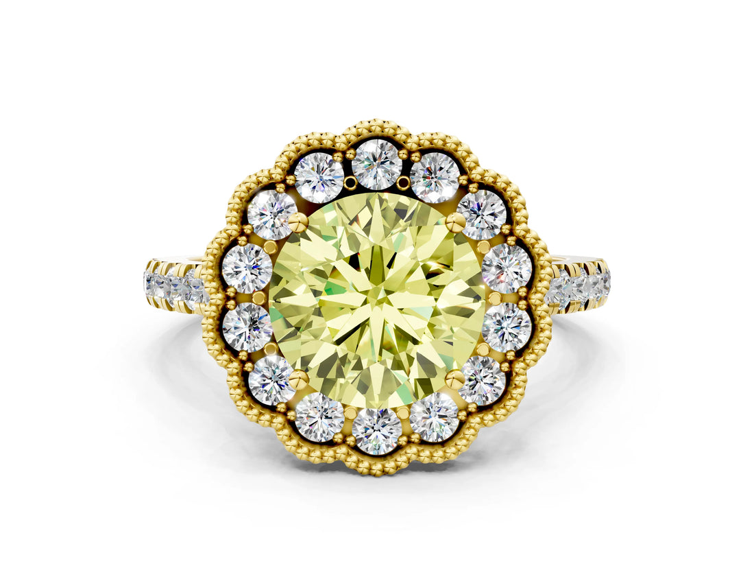 Yellow gold Fancy Yellow Round  Cut Halo Diamond Engagement Ring with Pavé Band and Four-Prong Setting_21