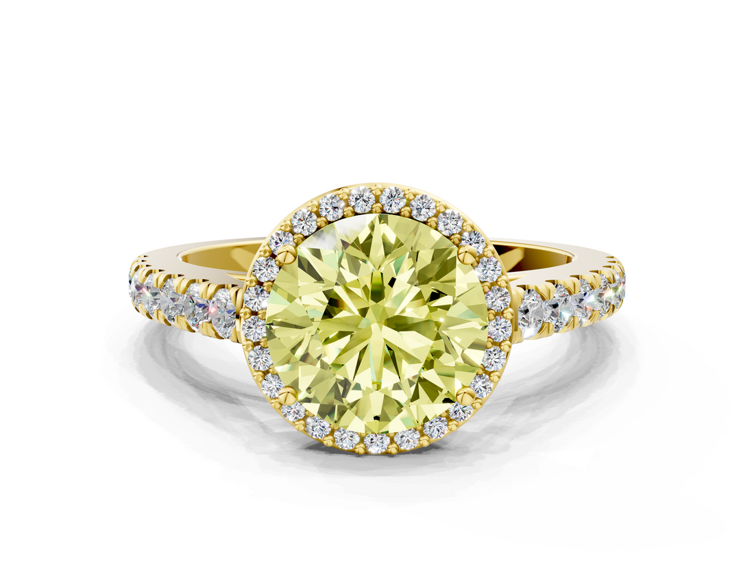 Yellow gold Fancy Yellow Round  Cut Halo Diamond Engagement Ring with Pave Band and Four-Prong Setting