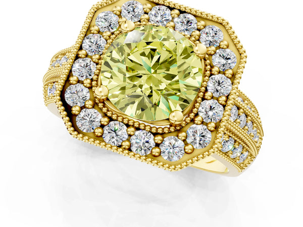 Yellow gold Fancy Yellow Round Cut Halo Diamond Engagement Ring with Pave Split Shank and Four-Prong Setting