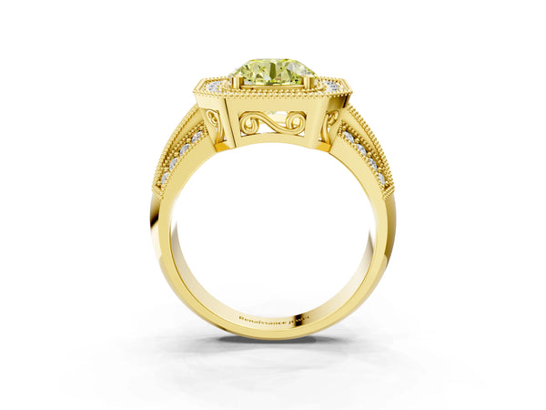 Yellow gold Fancy Yellow Round Cut Halo Diamond Engagement Ring with Pave Split Shank and Four-Prong Setting
