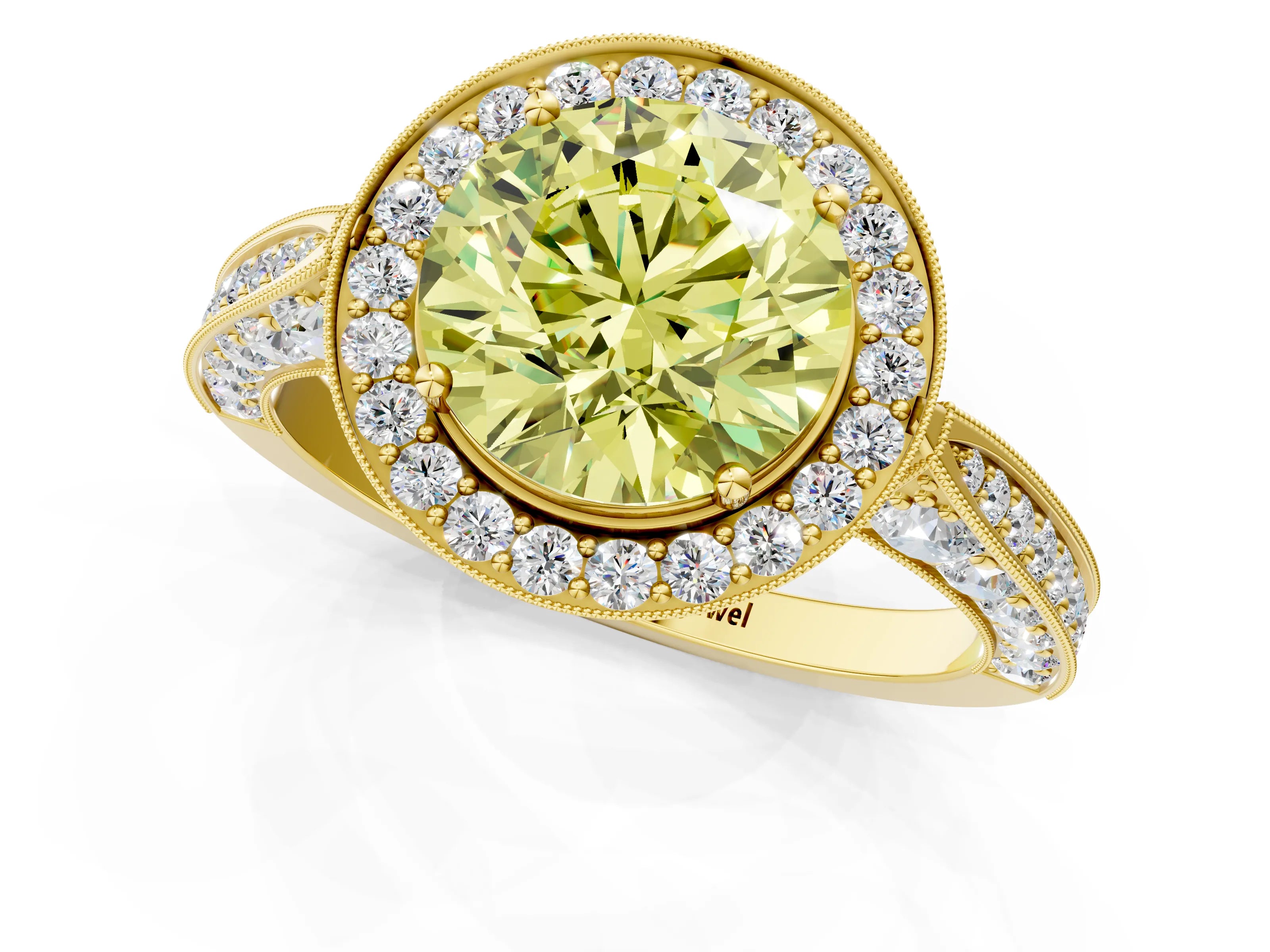Yellow gold Fancy Yellow Round Cut Halo Diamond Engagement Ring with Split Shank Band and Four-Prong Setting_1