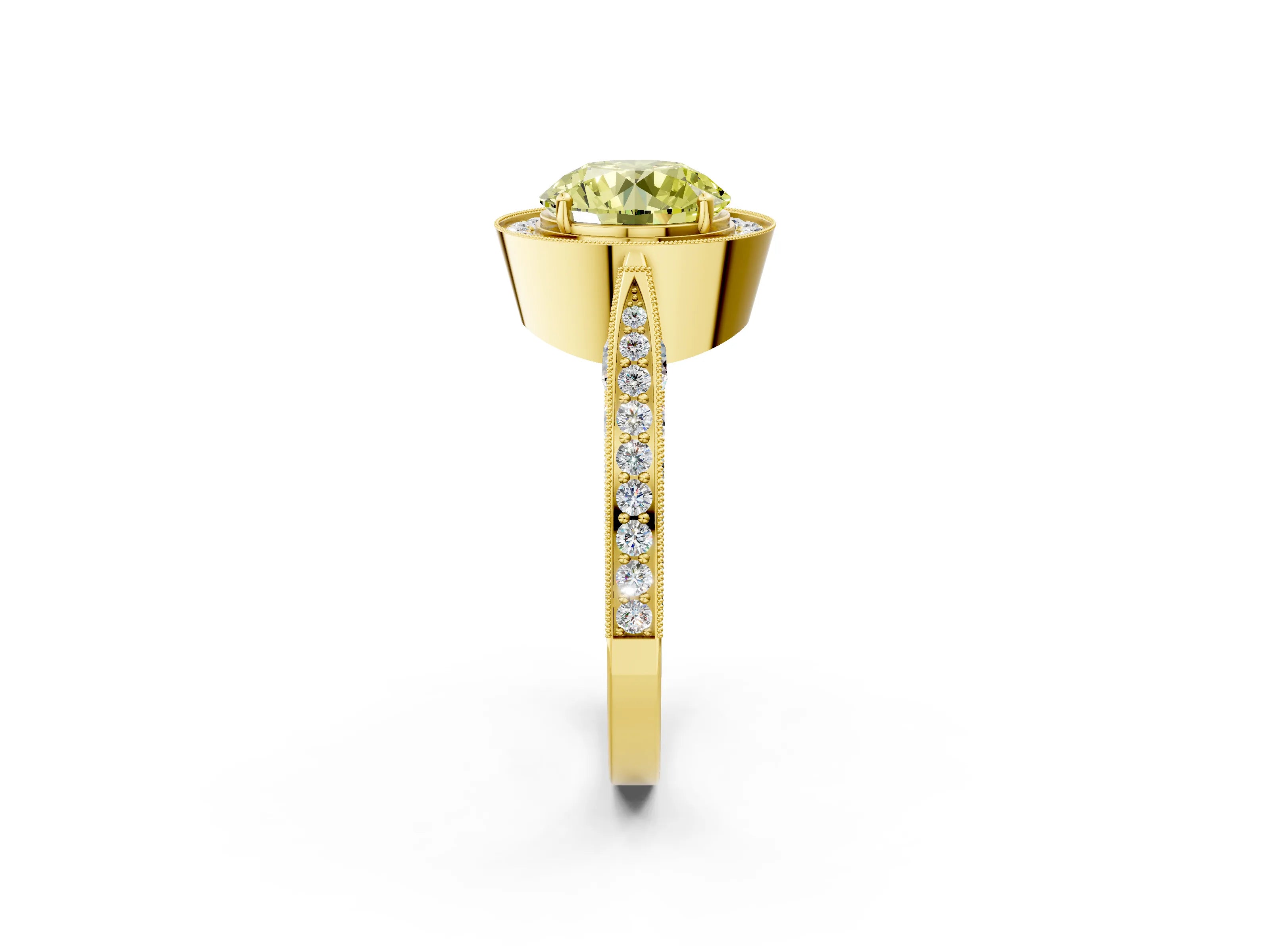 Yellow gold Fancy Yellow Round Cut Halo Diamond Engagement Ring with Split Shank Band and Four-Prong Setting_2